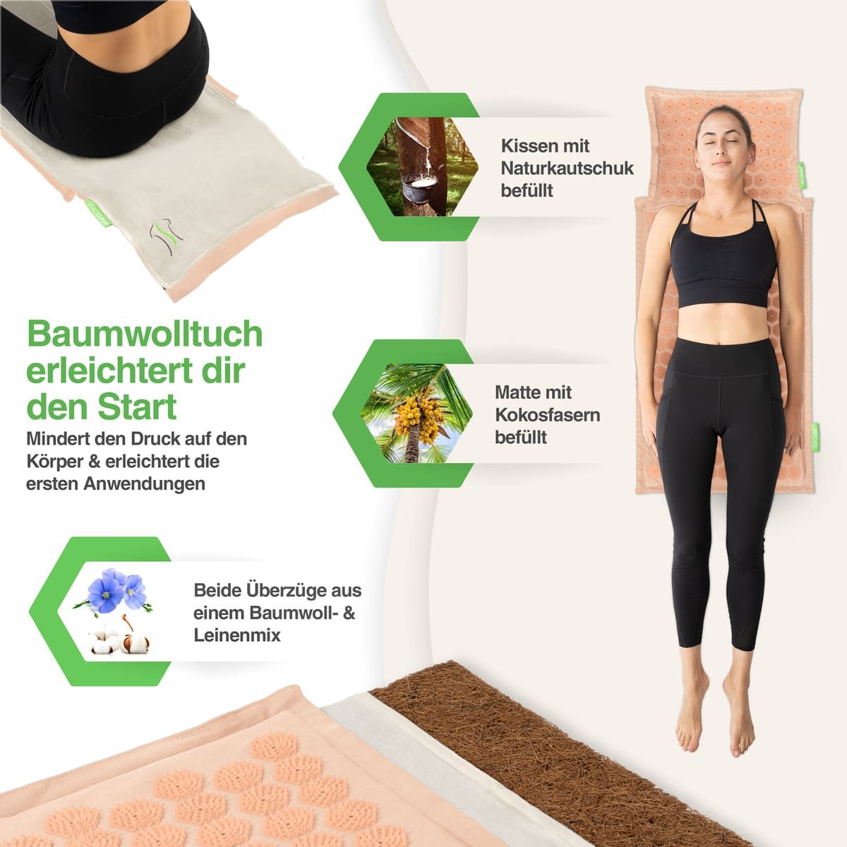 Akupressurmatte und Kissen. Text: Baumwolltuch erleichtert den Start. Kissen mit Naturkautschuk gefüllt. Matte mit Kokosfasern gefüllt.