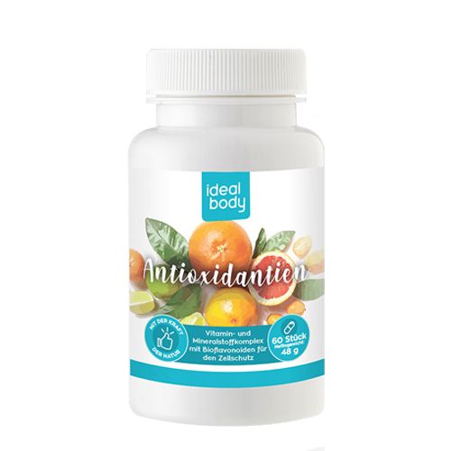 Weiße Flasche mit "Ideal Body Antioxidantien"-Etikett. Enthält 60 Tabletten. Aufschrift: Vitamin- und Mineralstoffkomplex mit Bioflavonoiden.