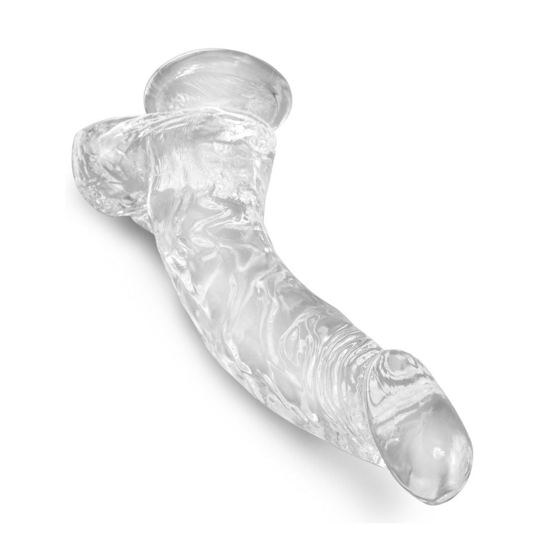 Klarer, realistischer Dildo mit Saugnapf. Gebogene Form, detaillierte Oberfläche. Draufsicht.