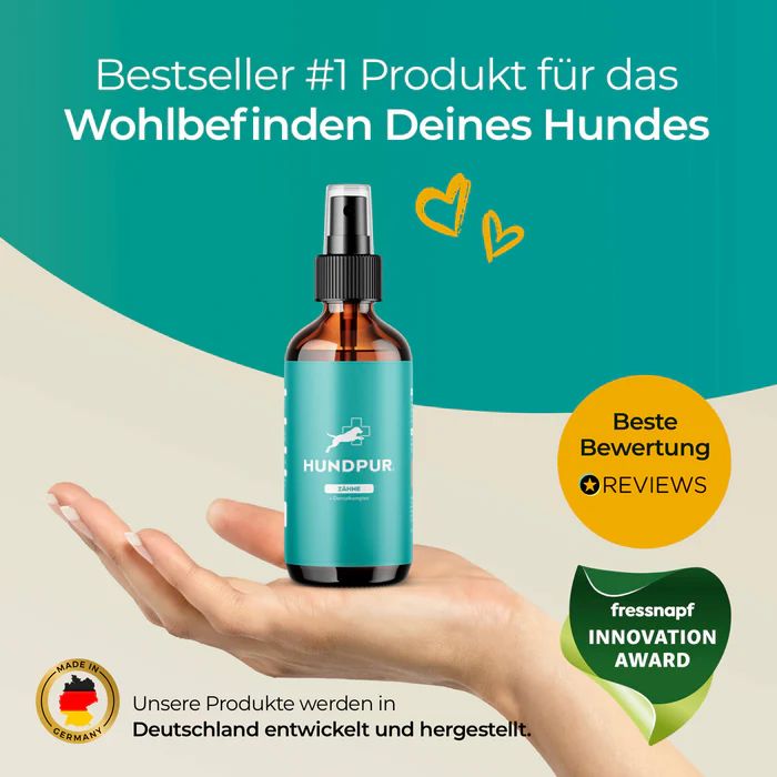 Hand hält braune Sprühflasche mit blauem Etikett. Text: Hundpur Zähne. Auszeichnungen: Bestseller, Innovation Award. Hergestellt in Deutschland.