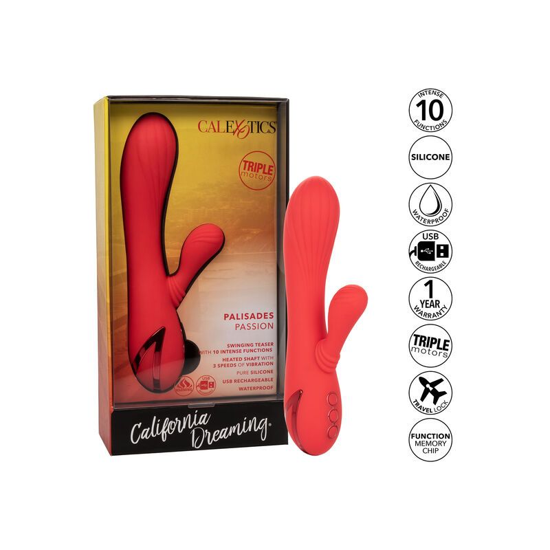 Verpackung mit rotem Vibrator. Aufschrift: CalExotics, Palisades Passion. Symbole für Funktionen.