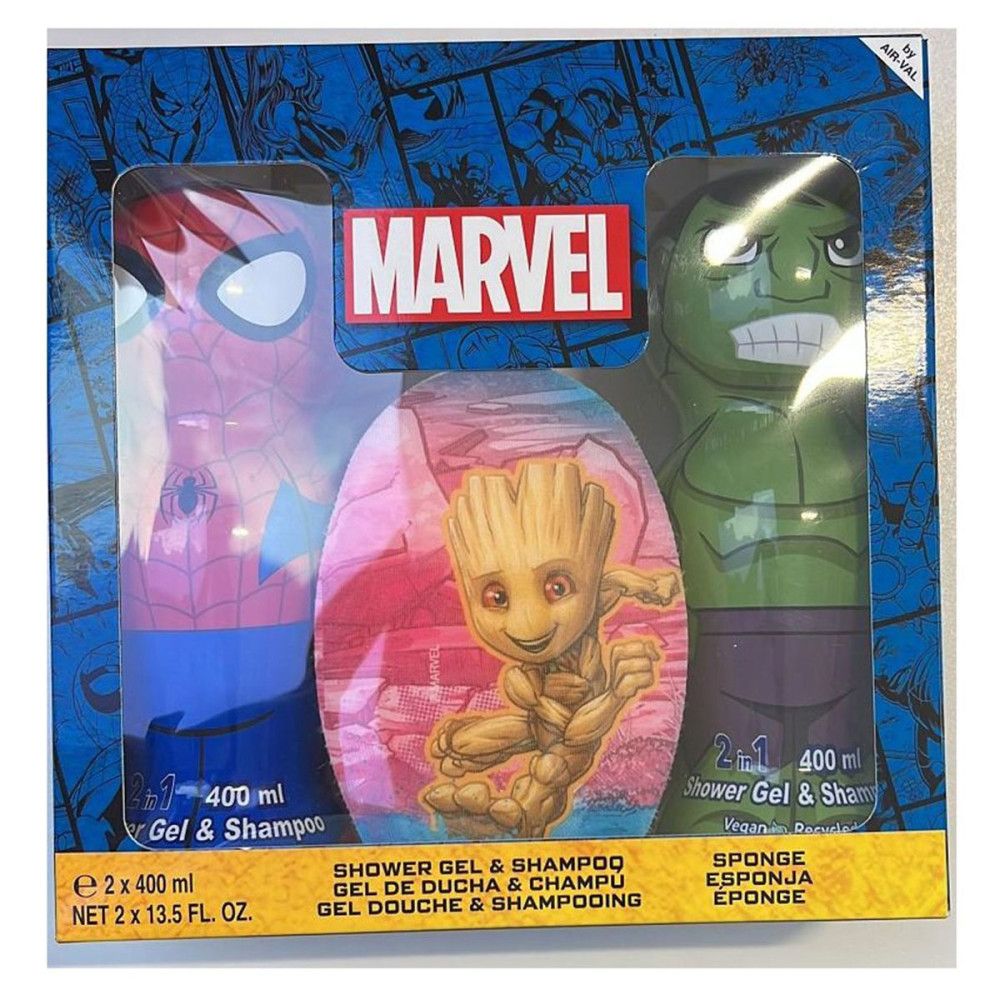 Geschenkset mit Marvel-Figuren. Enthält zwei 400 ml Duschgel & Shampoo Flaschen mit Spider-Man und Hulk. Verpackung mit Groot.