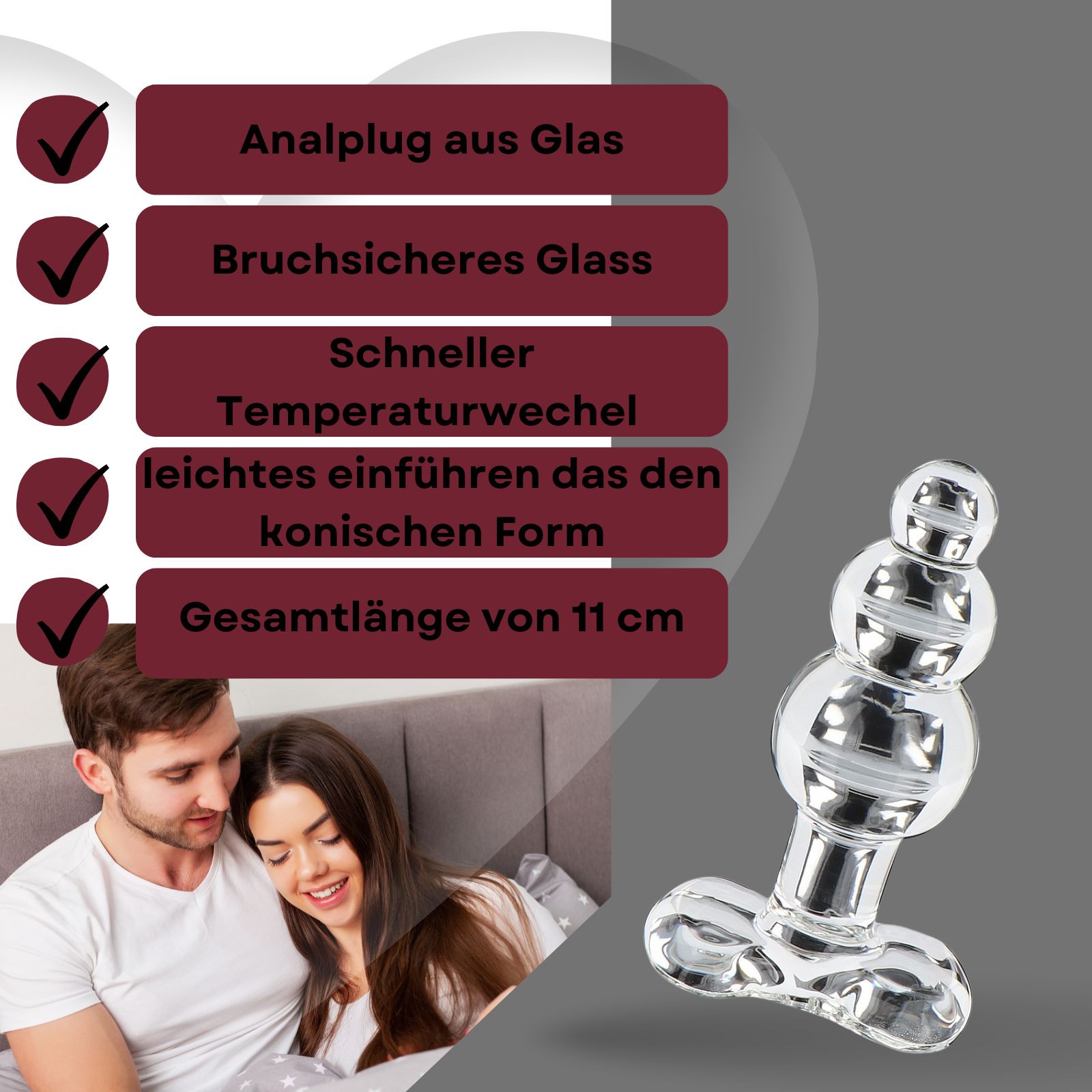 Analplug aus Glas mit Rippen. Schneller Temperaturwechsel. Produktabbildung mit Paar im Hintergrund.