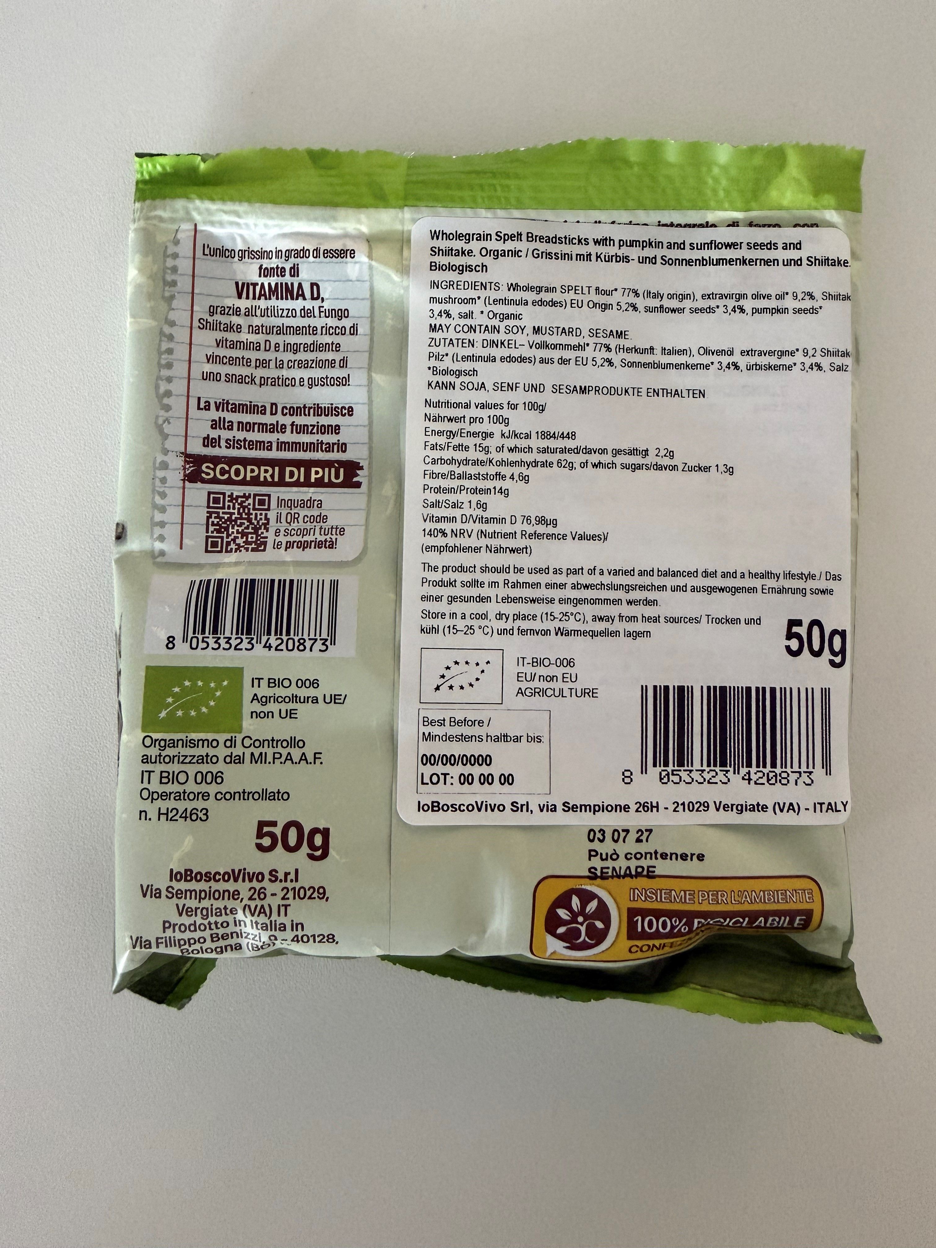 IoBoscoVivo Bio-Grissini Samen & Shiitake, hefefrei, nur mit Vollkorndinkel & Olivenöl