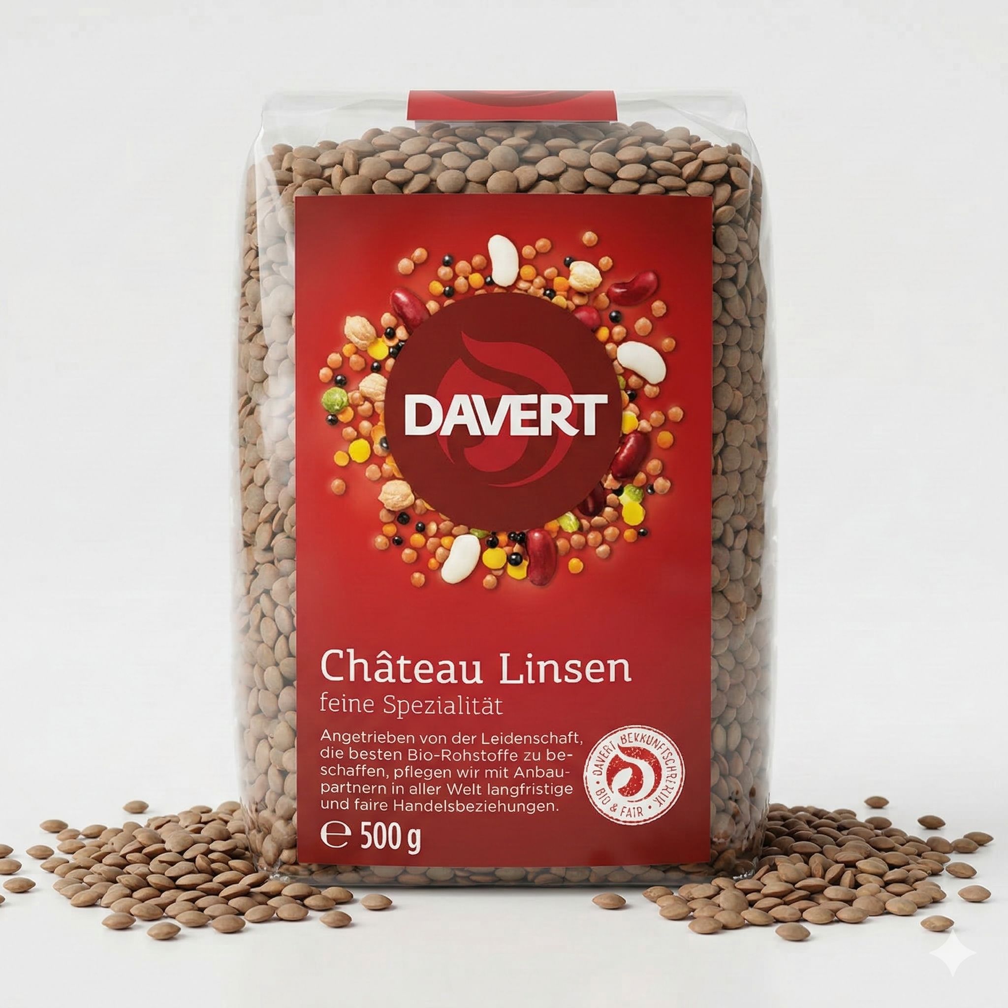 Davert Château Linsen, feine Spezialität, 500g Packung mit Bio-Siegel.
