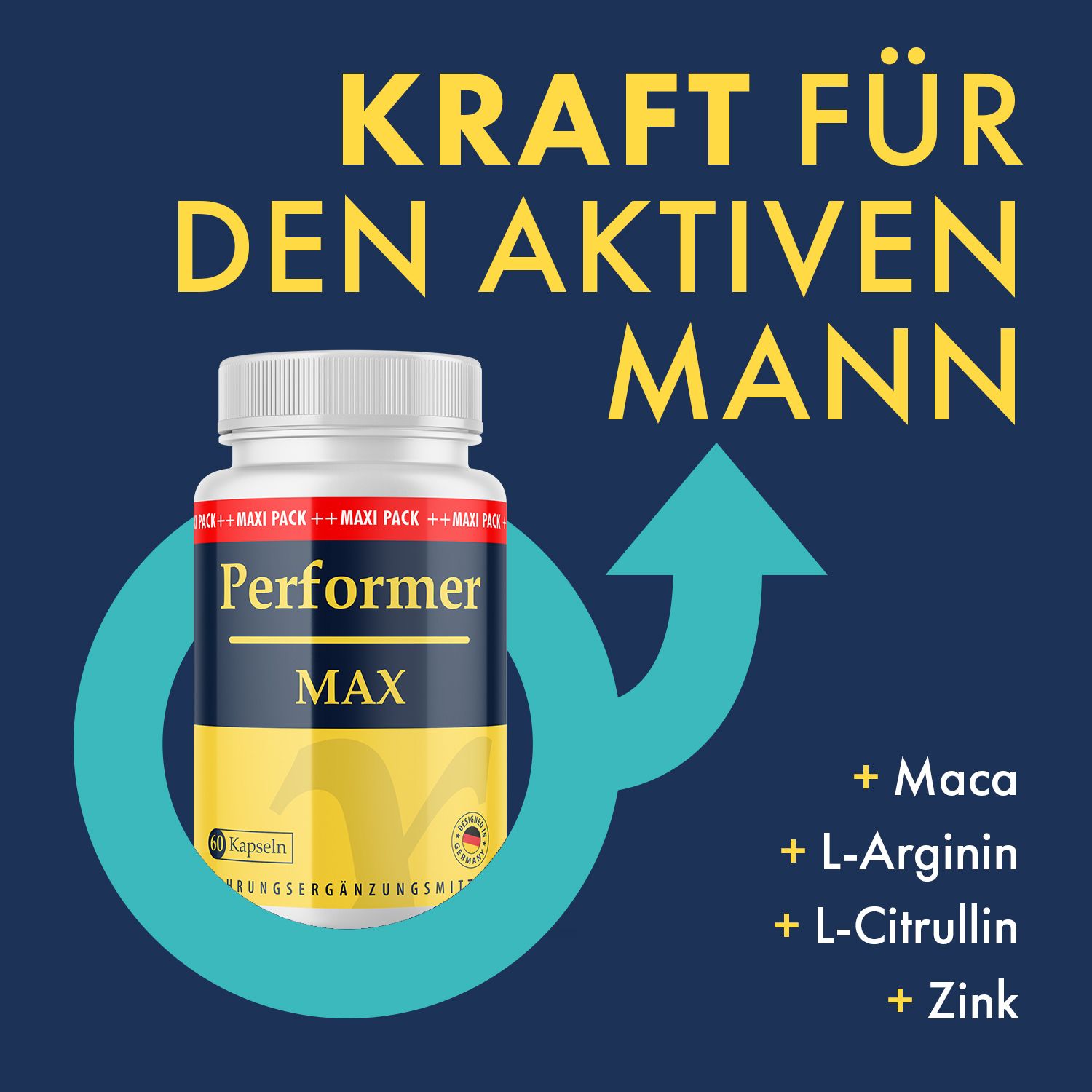 Flasche mit gelb-blauem Etikett. Aufschrift: Performer MAX, 60 Kapseln. Inhaltsstoffe: Maca, L-Arginin, L-Citrullin, Zink. Hintergrund blau.