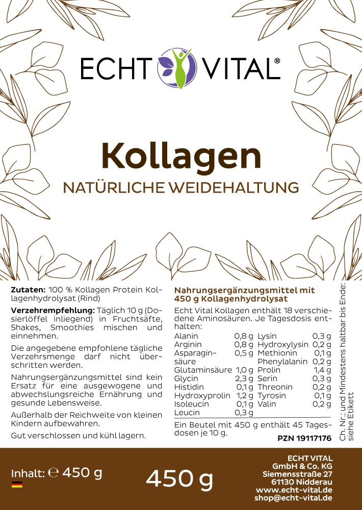 Nahaufnahme des Etiketts einer Kollagen-Packung mit Nährwertangaben und Inhaltsstoffen.
