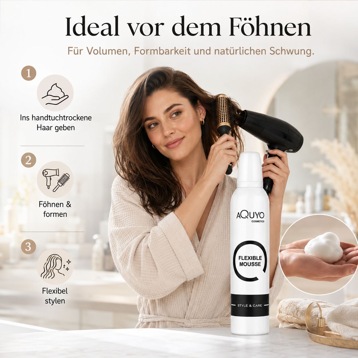 Frau föhnt ihr Haar. Schritte 1-3 zeigen Anwendung von Mousse. Dose daneben. Schaum auf Hand.