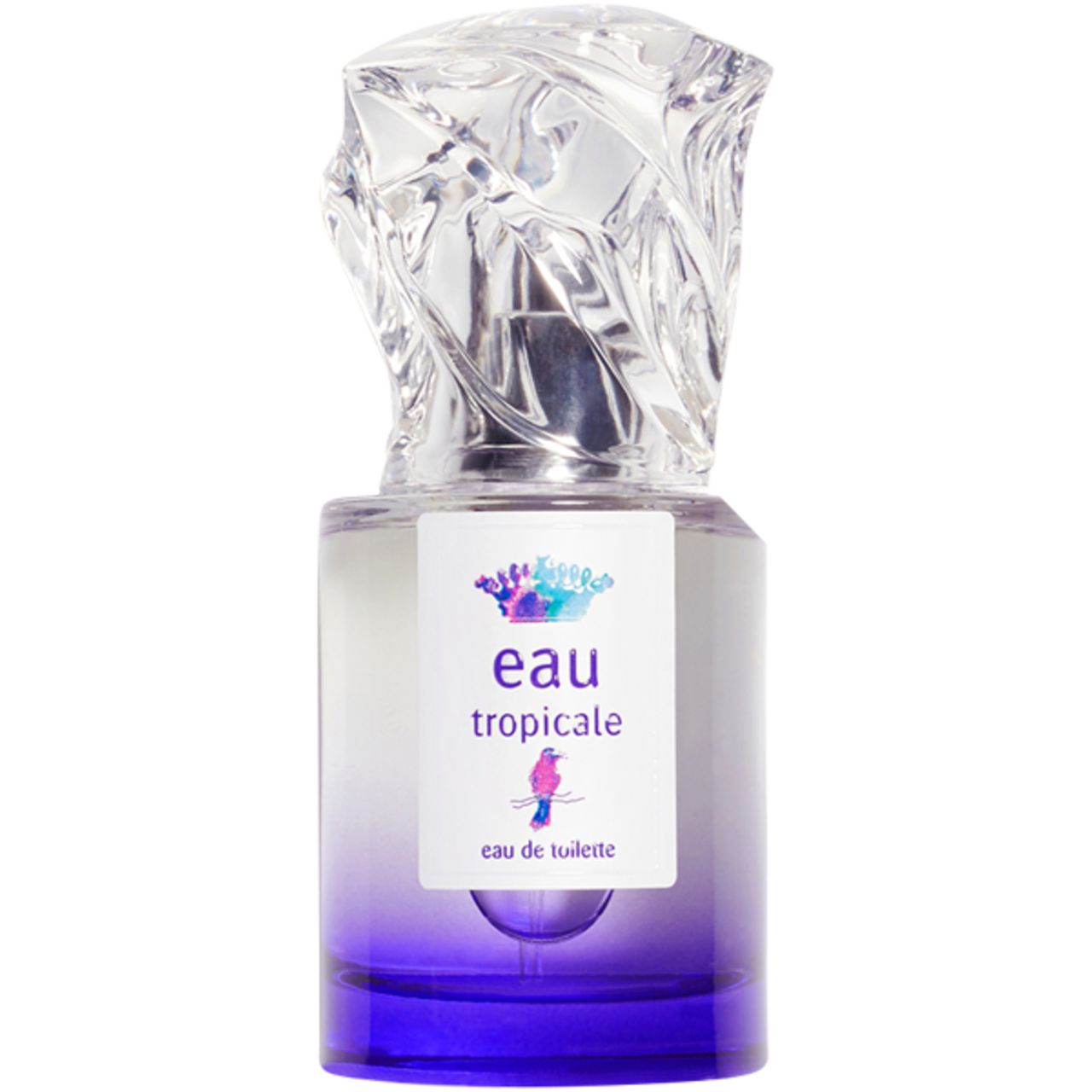 Parfümflakon mit transparentem Deckel. Auf dem Etikett: "eau tropicale" und ein Vogel. Violett-blauer Farbverlauf.