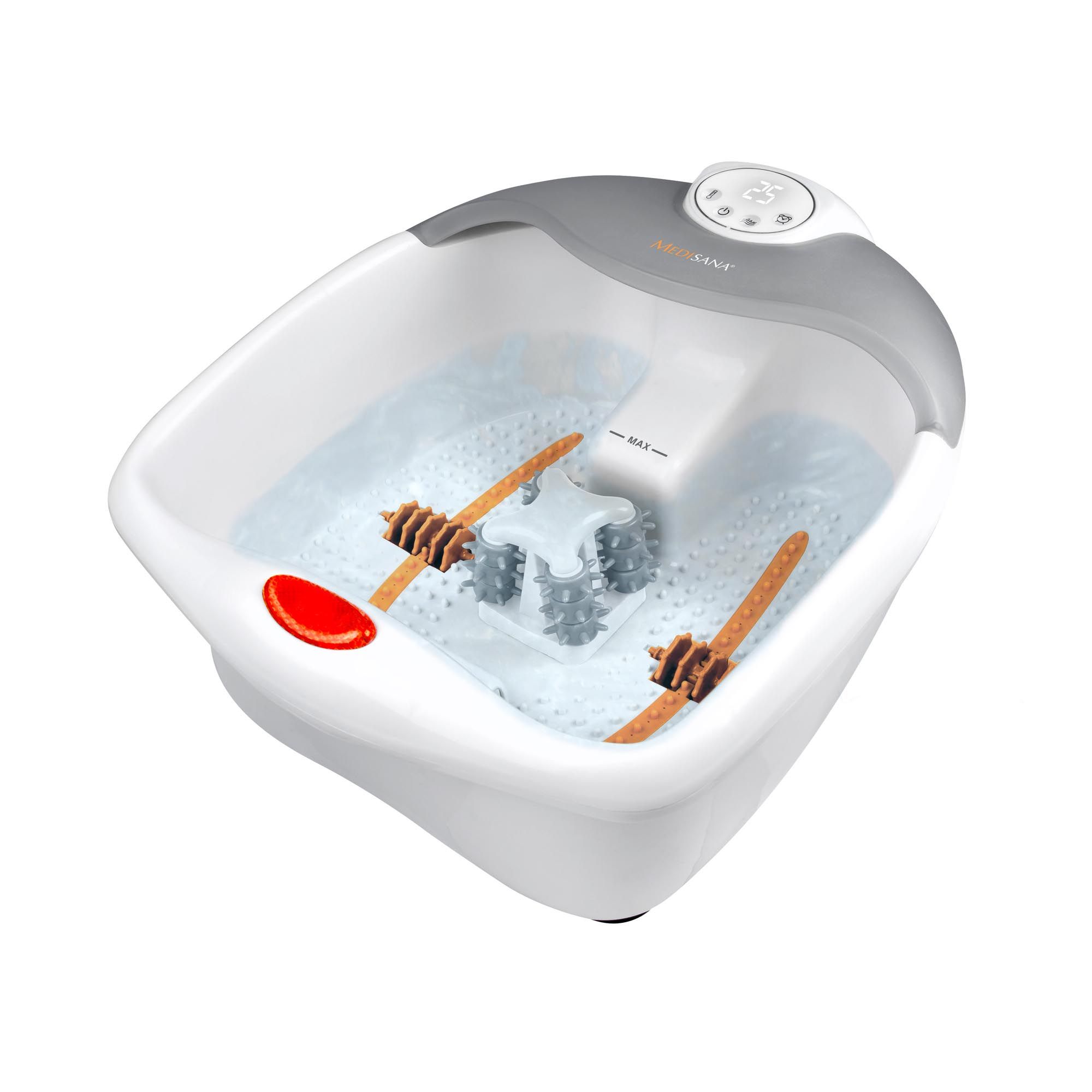 Voetenbad met water. Wit en grijs, massage-elementen, rode knop, bedieningspaneel. Houten rollen, stervormig element.