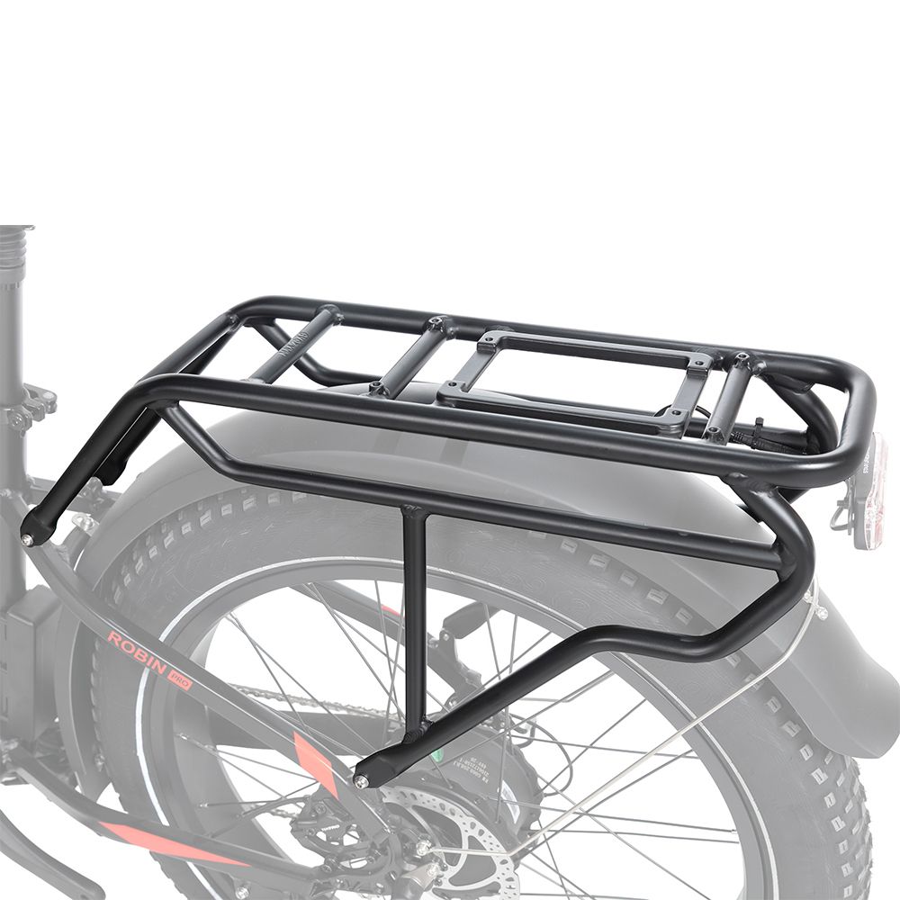 Gepäckträger am Hinterrad eines E-Bikes. Schwarzes Metall, rechteckige Form. Montiert über dem Hinterrad.