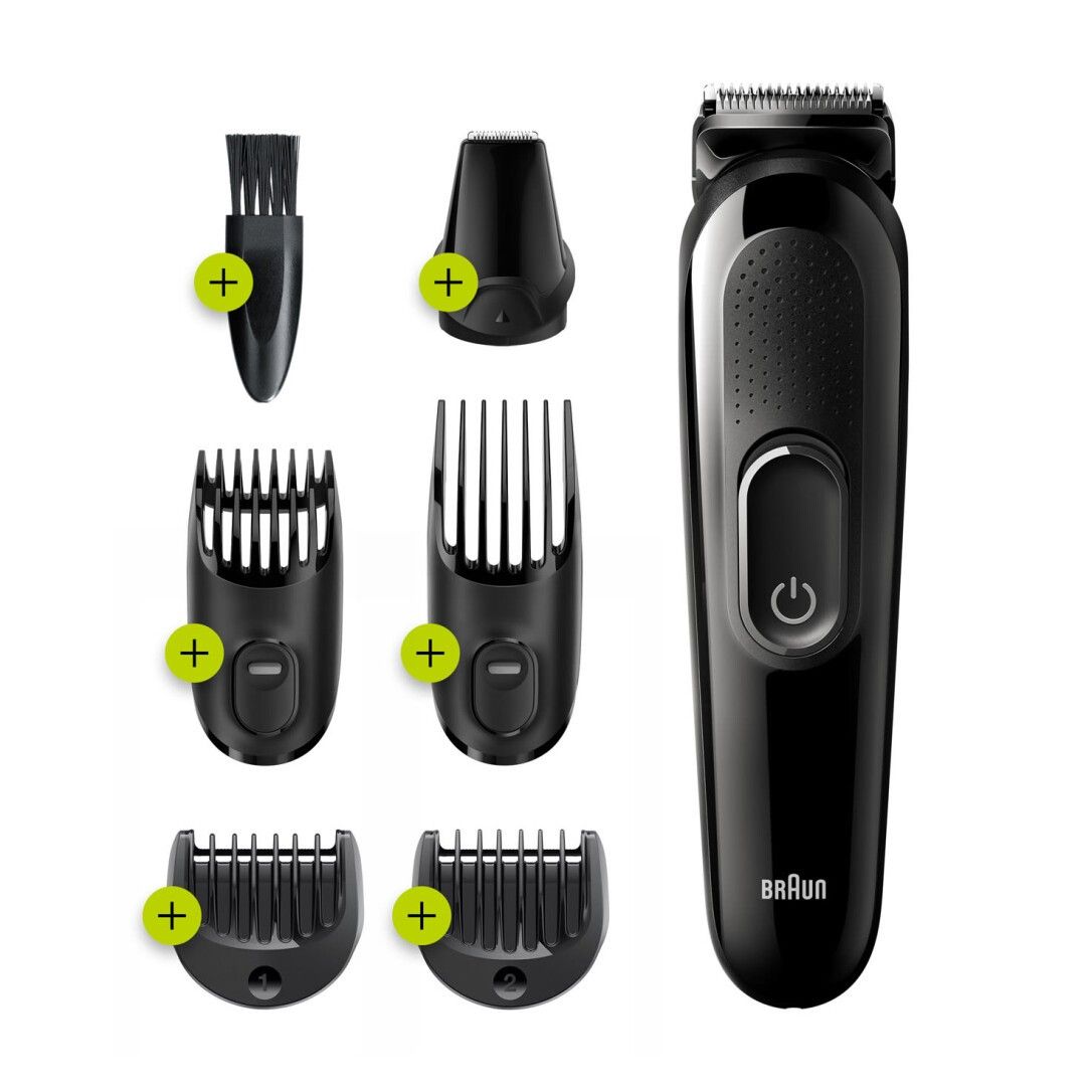 Schwarzer Trimmer mit Zubehör. Enthält: Bürste, Nasenhaartrimmer, 3 Trimmeraufsätze. Braun-Logo.