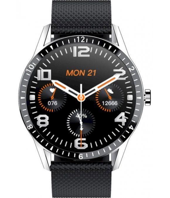 Schwarze Smartwatch mit silbernem Gehäuse und schwarzem Armband. Zifferblatt mit Ziffern, Zeigern und Anzeigen. Tag: MON 21.