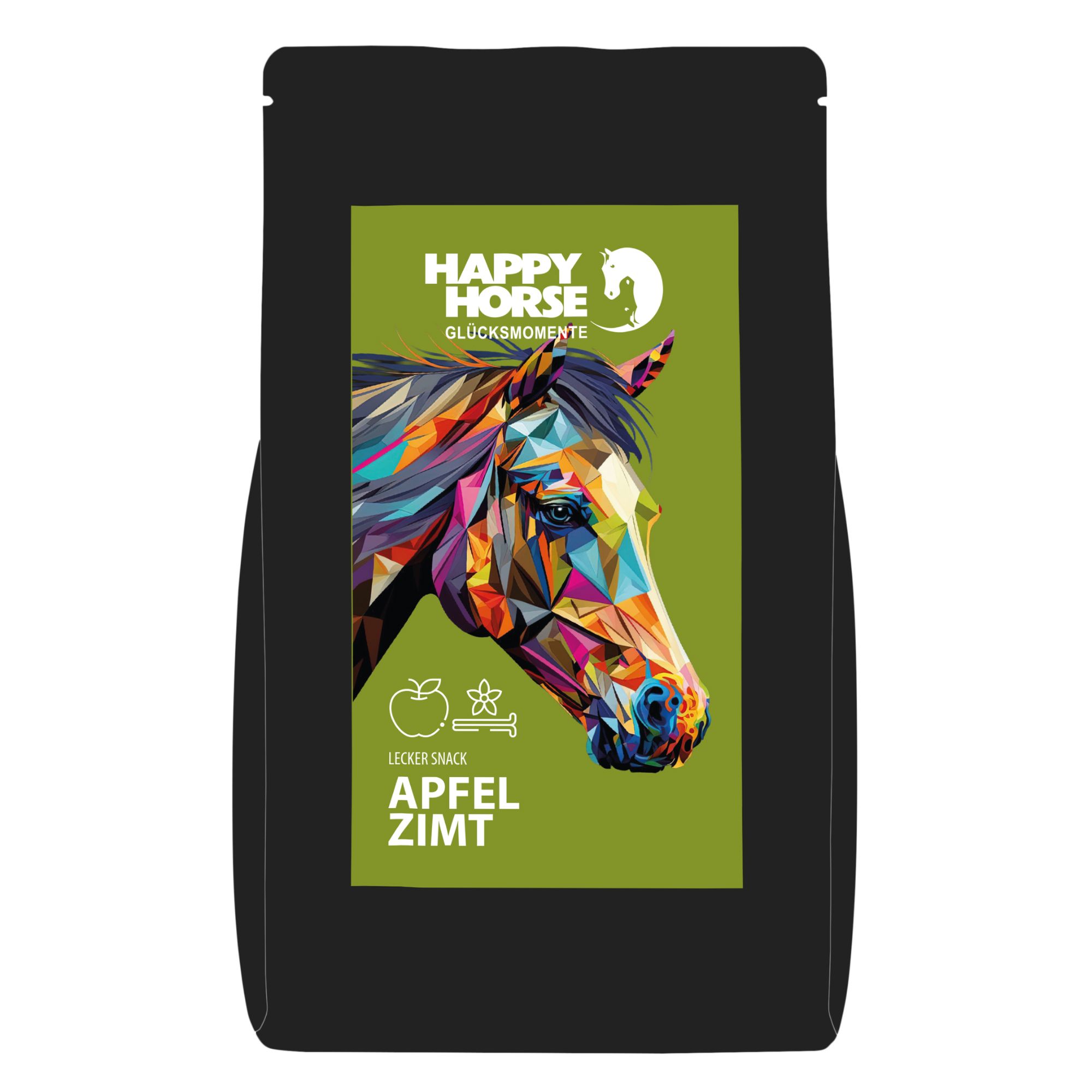 Schwarze Verpackung mit grünem Etikett. Auf dem Etikett: buntes Pferdeportrait, Apfel, Zimt, und "Happy Horse".