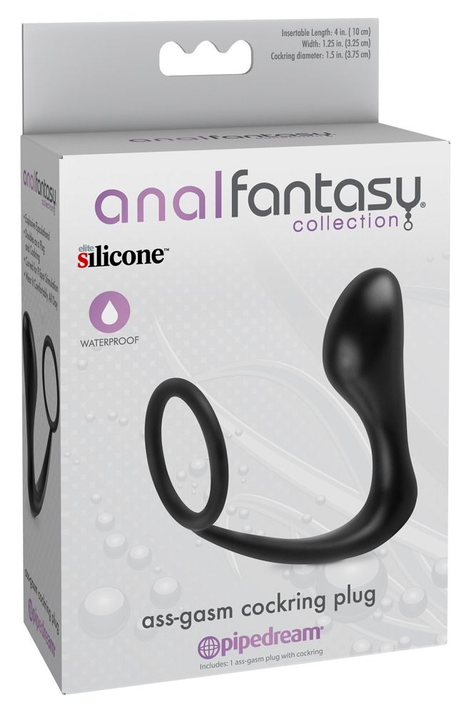 Verpackung von Anal Fantasy Collection. Enthält ein schwarzes Cockring-Plug. Auf der Verpackung steht 'silicone' und 'waterproof'.