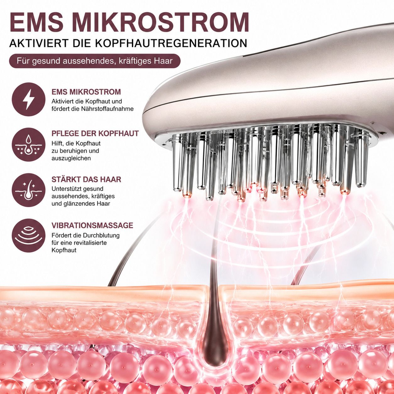 EMS-Mikroströme für Kopfhautregeneration und kräftiges Haar.