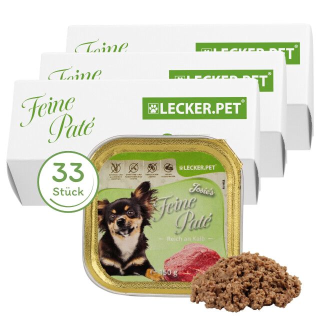 Drei Packungen Hundefutter mit Aufdruck "Feine Paté". Eine geöffnete Dose und Futter daneben. 33 Stück.