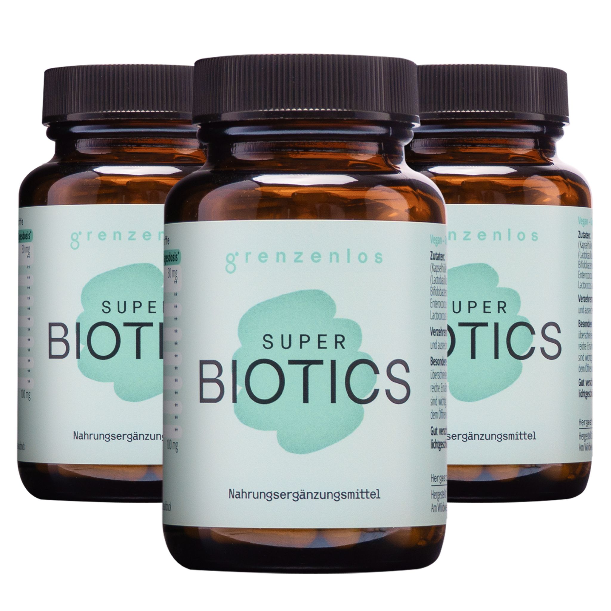 Drei Flaschen grenzenlos SUPER BIOTICS nebeneinander. Braune Glasflaschen mit dunklen Deckeln.