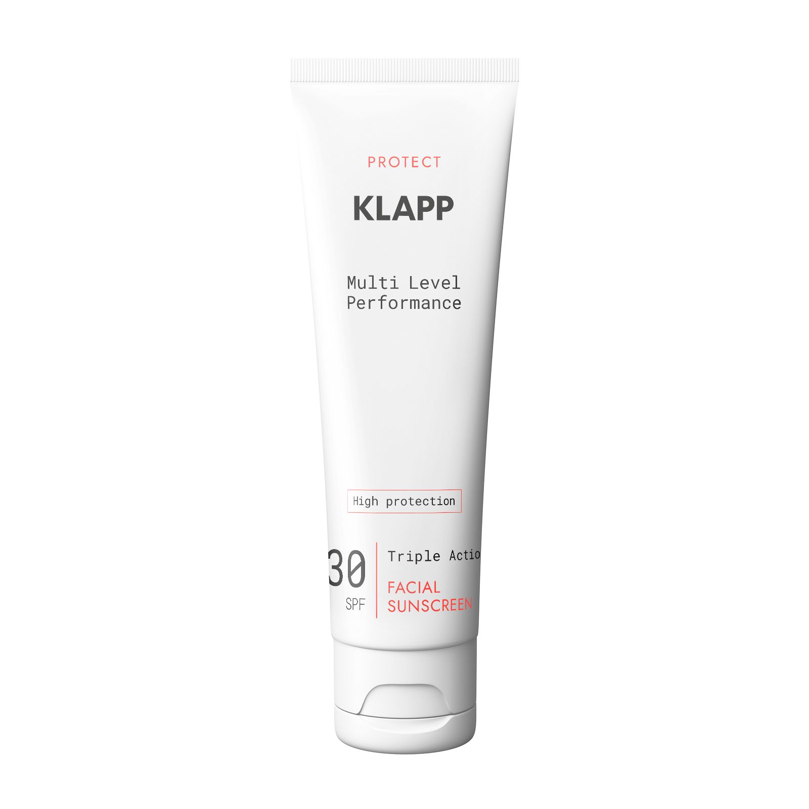 Weiße Tube mit Produktinformationen. Aufschrift: KLAPP, Multi Level Performance, 30 SPF, Triple Action Facial Sunscreen.