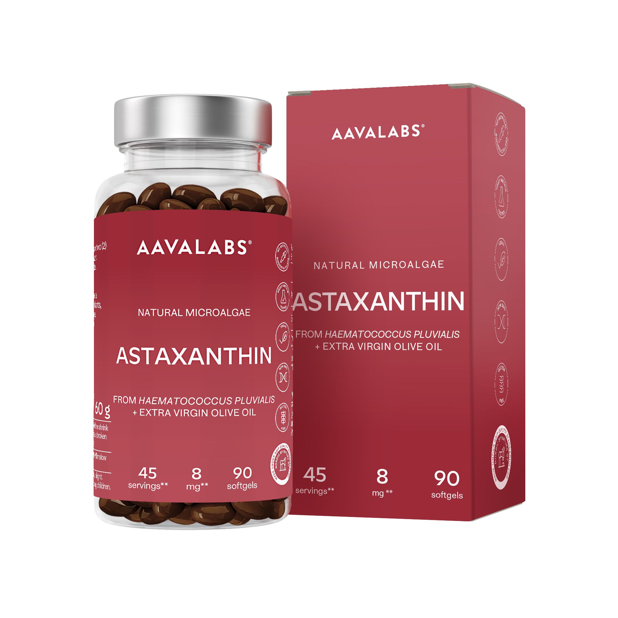 Aavalabs Astaxanthin 8 mg | Antioxidans aus Mikroalge Mit Olivenöl 90 St Kapseln