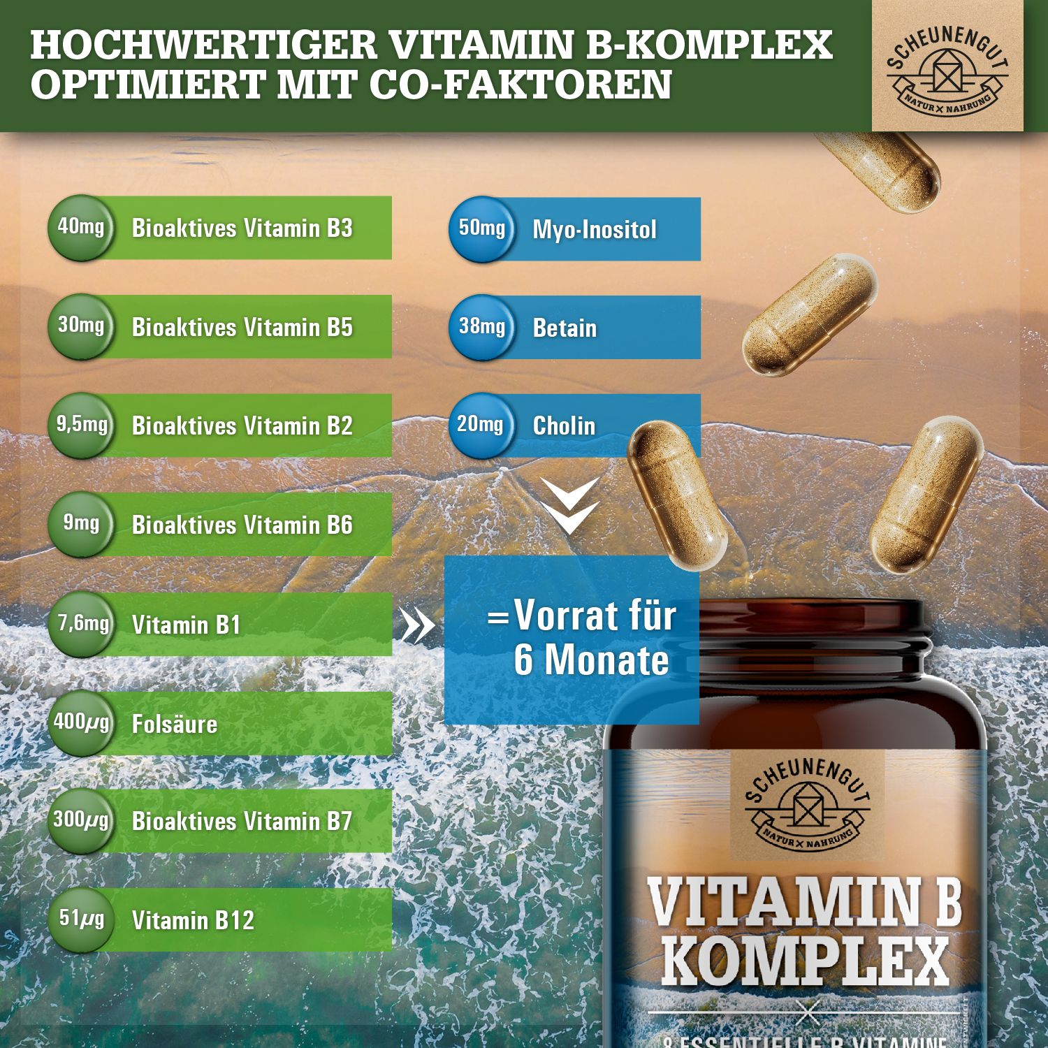 Braune Kapseln neben einer braunen Flasche mit Vitamin B Komplex. Aufschrift: Scheunengut, Vitamin B Komplex, 6 Monate Vorrat.