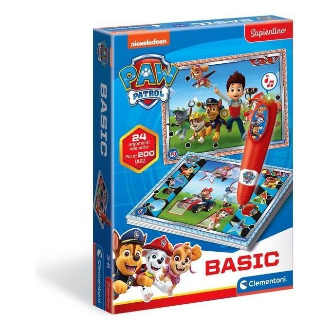Confezione Clementoni Paw Patrol. Gioco educativo con penna. Scritte: Basic, 24 quiz. Personaggi dei cartoni animati.