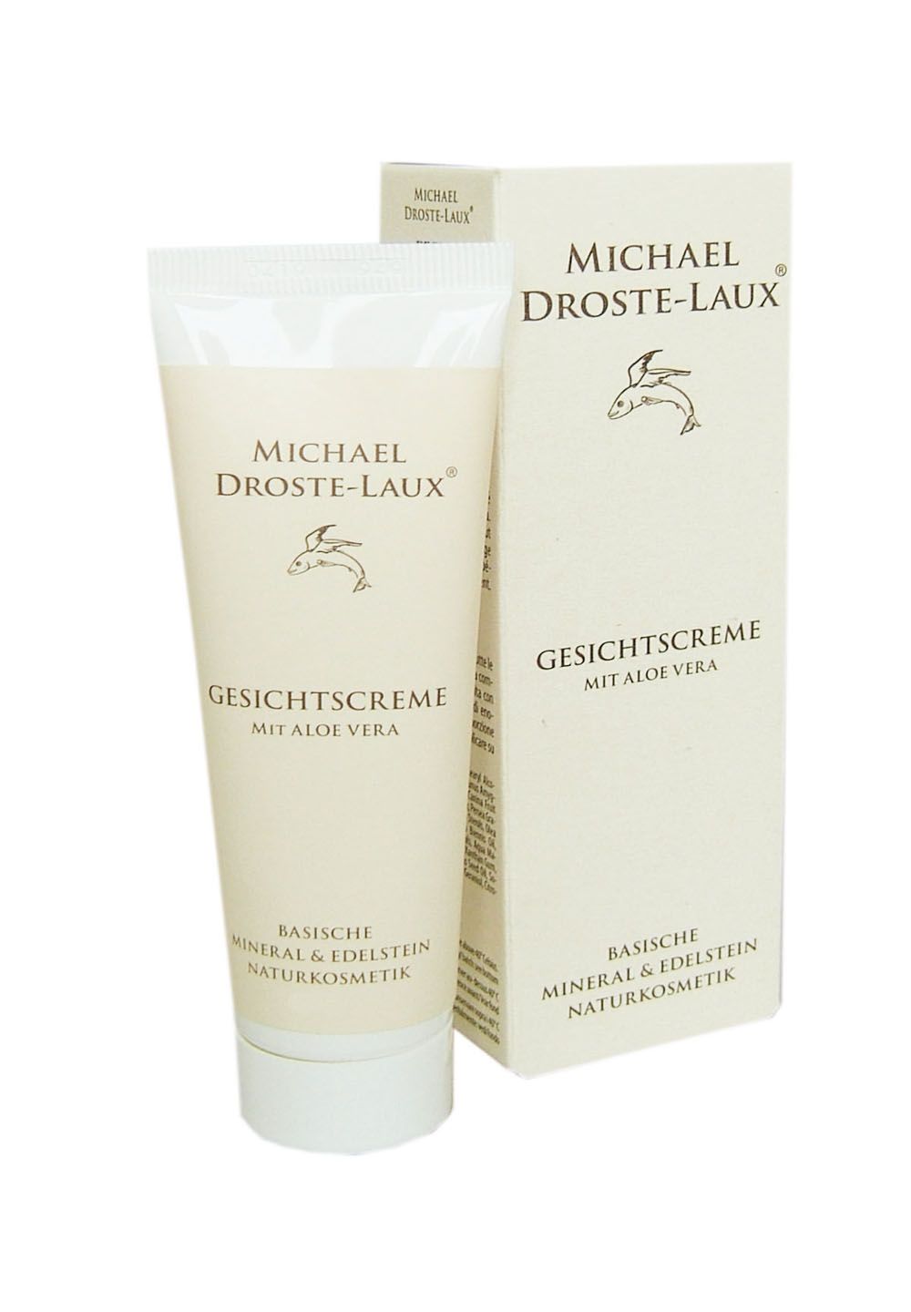 Produkt und Verpackung. Creme-Tube und Karton. Text: Gesichtscreme mit Aloe Vera. Logo und Produktname.