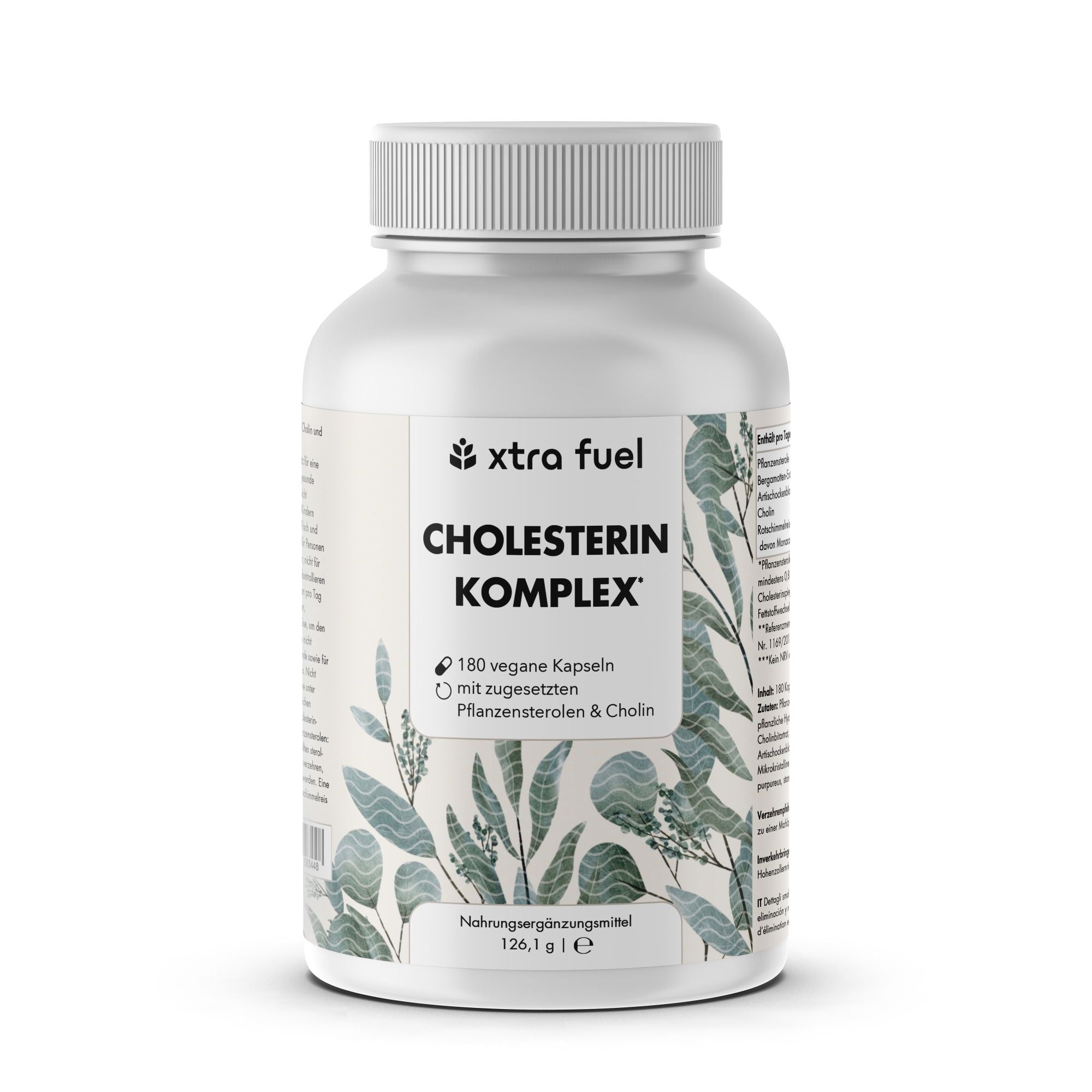 Weiße Flasche mit Kapseln. Aufschrift: XTRA FUEL Cholesterin Komplex. 180 vegane Kapseln. Pflanzensterole & Cholin.
