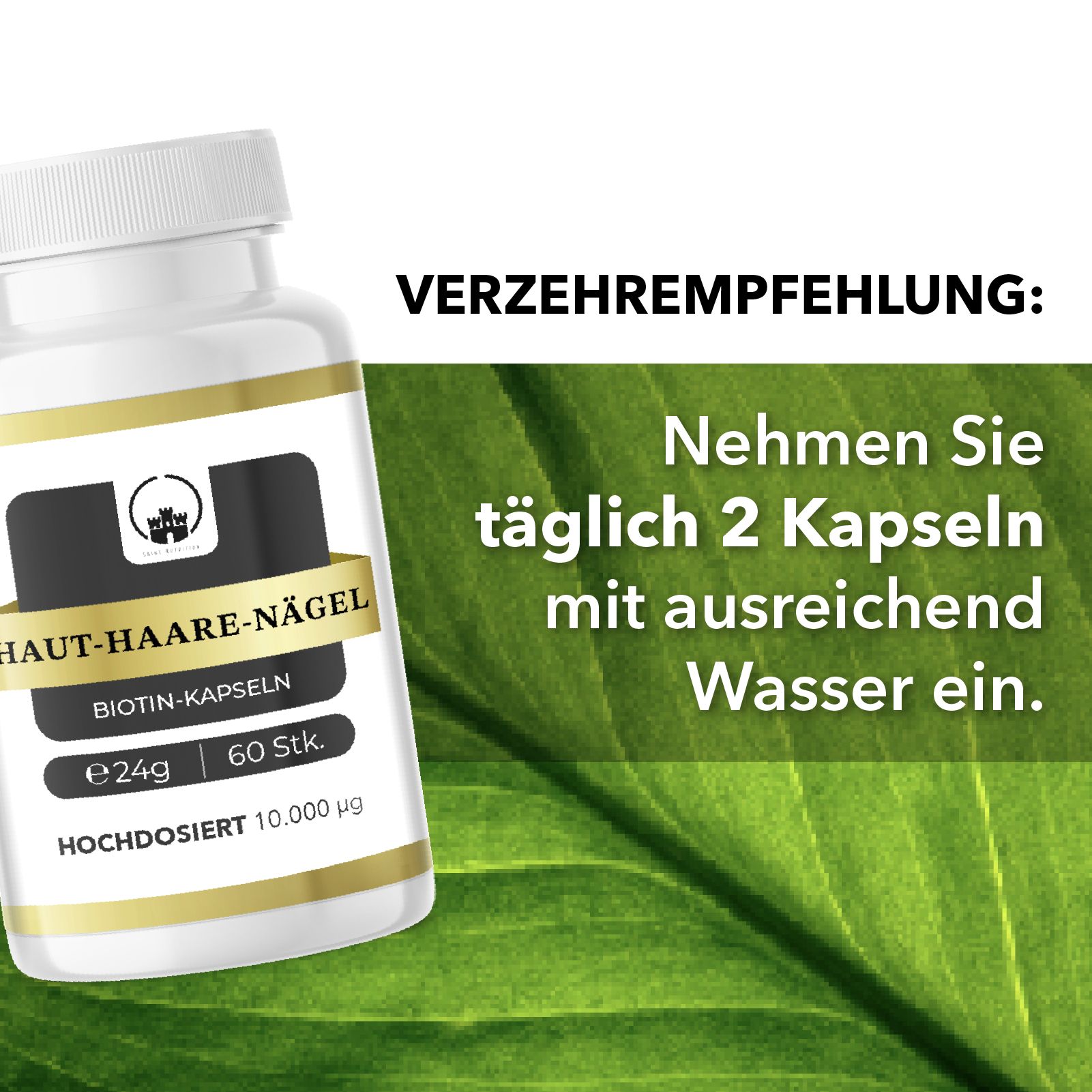 Produktabbildung mit Pillenfläschchen und Text: 'Nehmen Sie täglich 2 Kapseln mit ausreichend Wasser ein'.