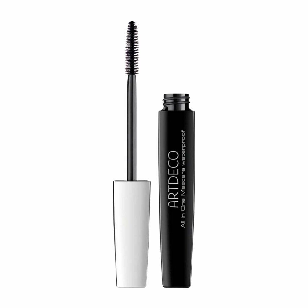 Schwarze Mascara-Tube mit weißem Griff und Bürste. Aufschrift: ARTDECO All in One Mascara waterproof.