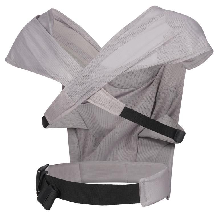 Graue Babytrage mit schwarzen Schnallen. Dooky-Logo sichtbar.