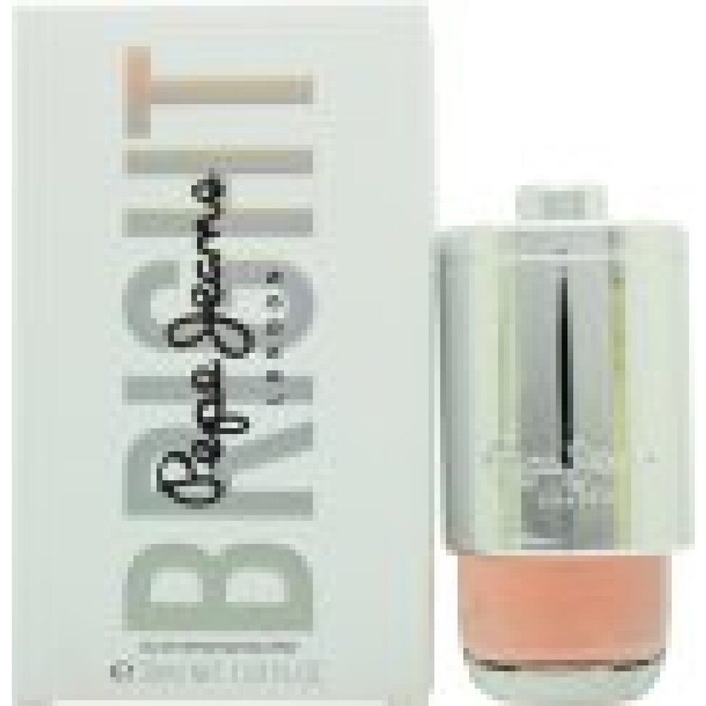 Parfümflasche und Verpackung. Silberne Kappe, rosa Flüssigkeit. Verpackung mit 'BRIGHT' und 'Pepe Jeans London'.