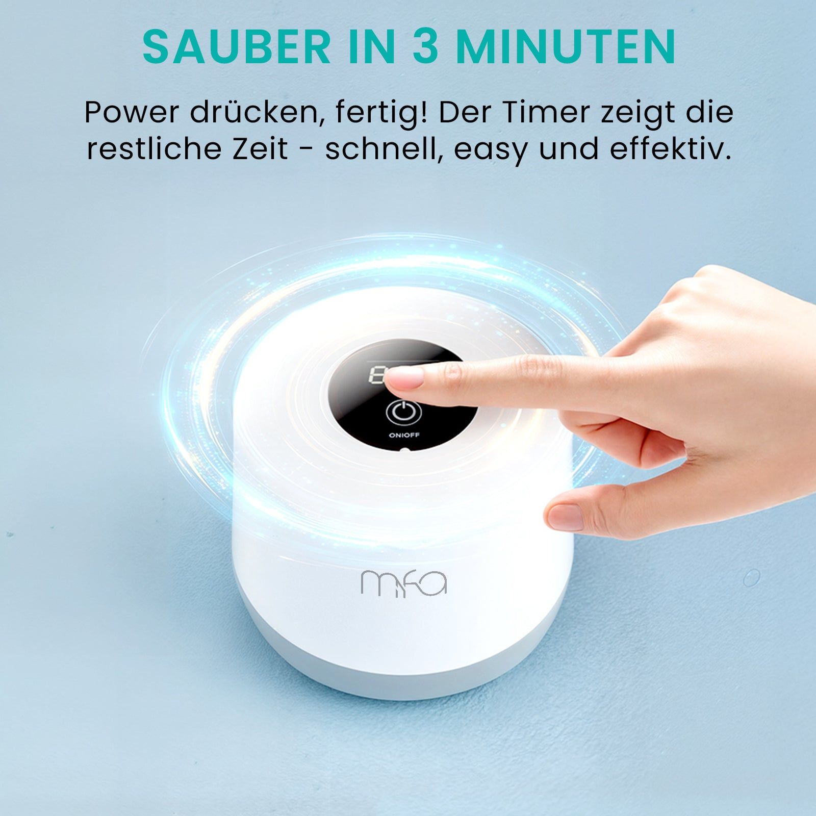Weiß-grauer Ultraschallreiniger mit Touch-Bedienfeld. Finger berührt das Bedienfeld. Logo 'mfa'. Text: Sauber in 3 Minuten.