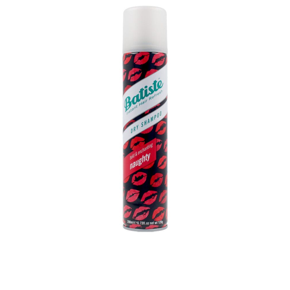 Batiste Trockenshampoo. Zylindrische Dose mit rotem Lippenmuster. Weißer Deckel. Schriftzug: Batiste, Dry Shampoo, Naughty.