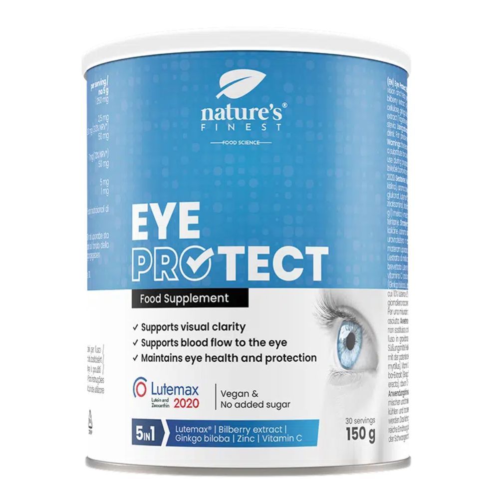 Dose Nature's Finest Eye PROtect. Blaue Dose mit Produktnamen und Inhaltsstoffen. Enthält 150g und 30 Portionen. Vegan und ohne Zuckerzusatz.