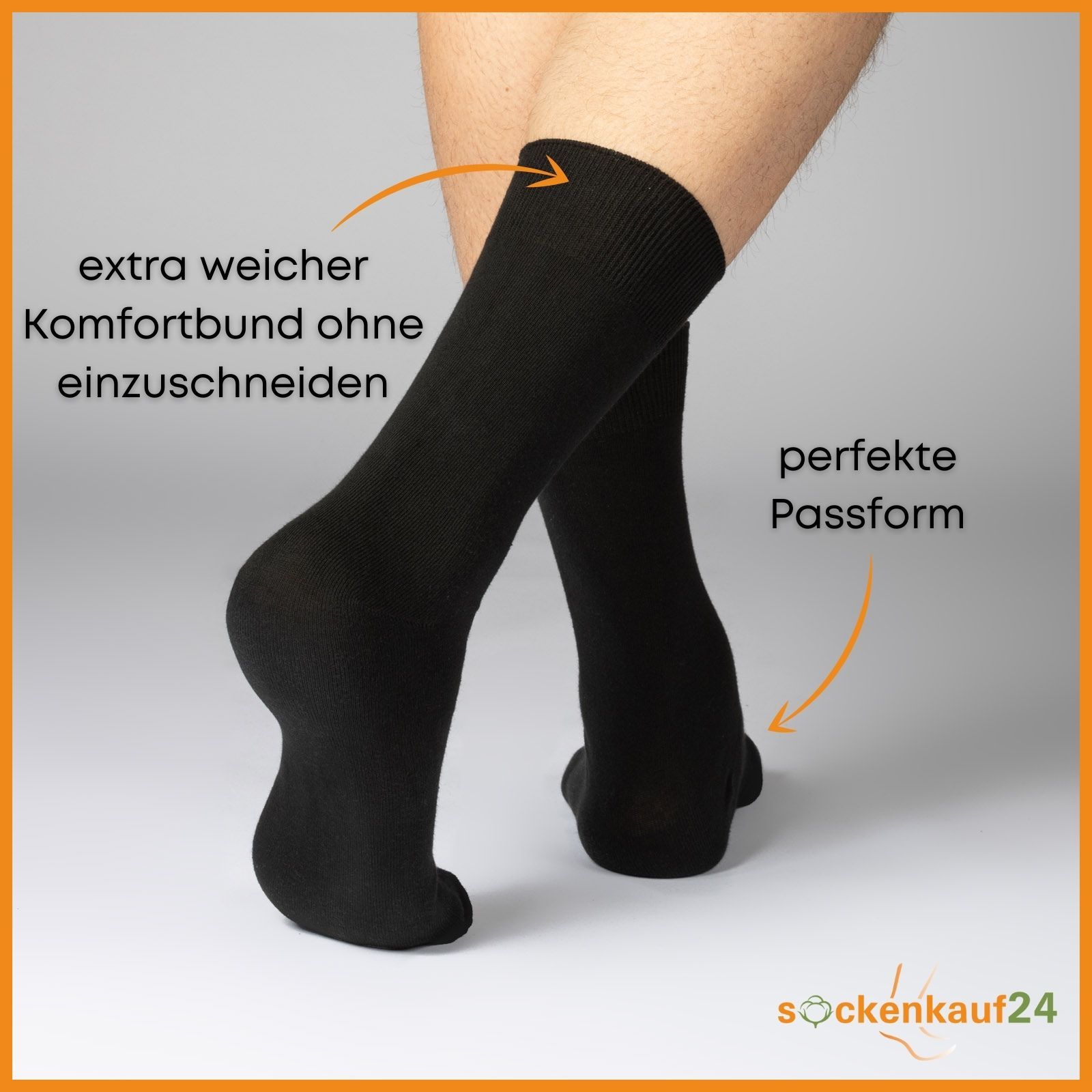 Person trägt schwarze Socken. Pfeile zeigen auf Text: "extra weicher Komfortbund ohne einzuschneiden" und "perfekte Passform".