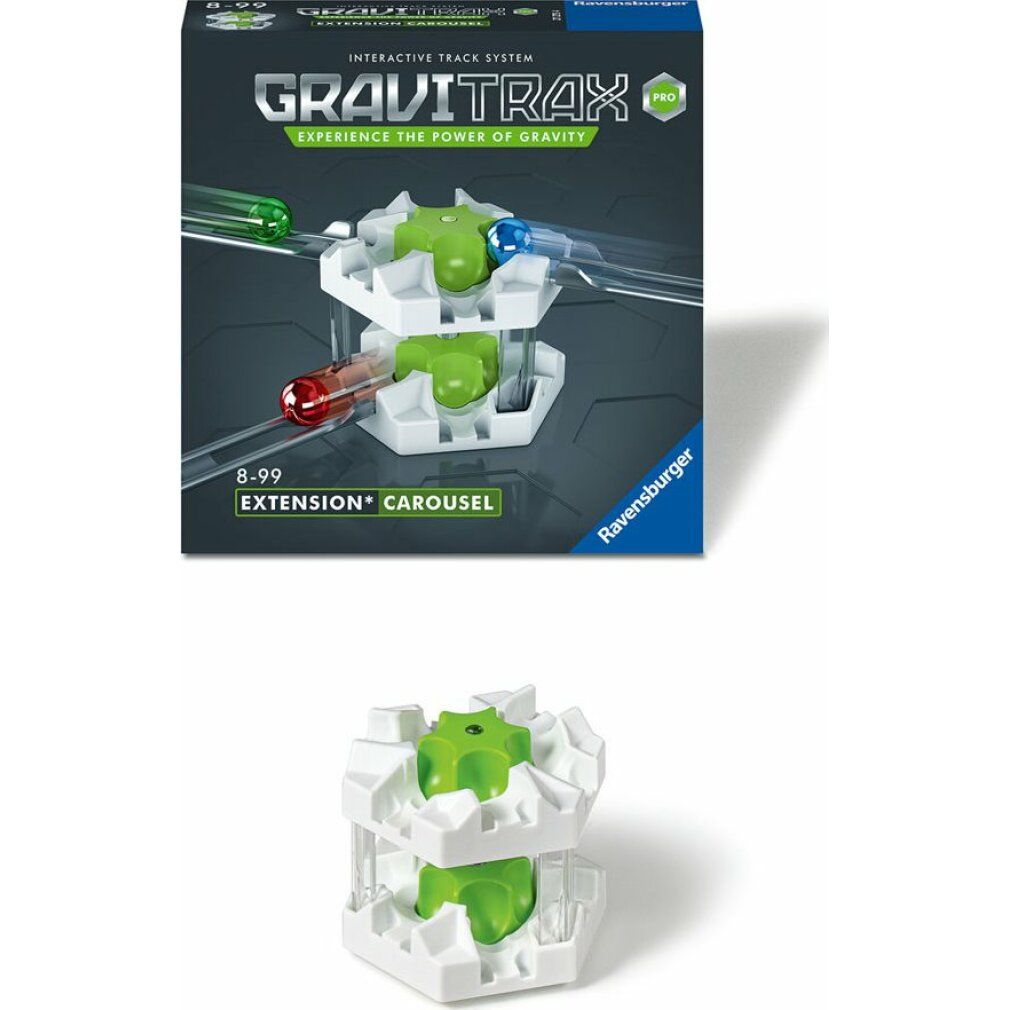 GraviTrax PRO Carousel. Weißes, sechseckiges Element mit grünen Teilen. Verpackung mit Logo und Text. Einzelnes Element darunter.