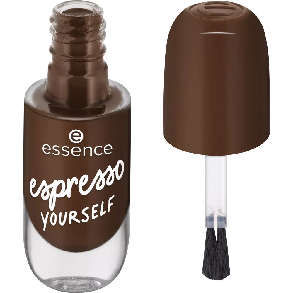 Nagellackflasche, braun, geöffnet. Marke: essence, Schriftzug: espresso YOURSELF. Pinsel sichtbar. Braune Nagellackfarbe.