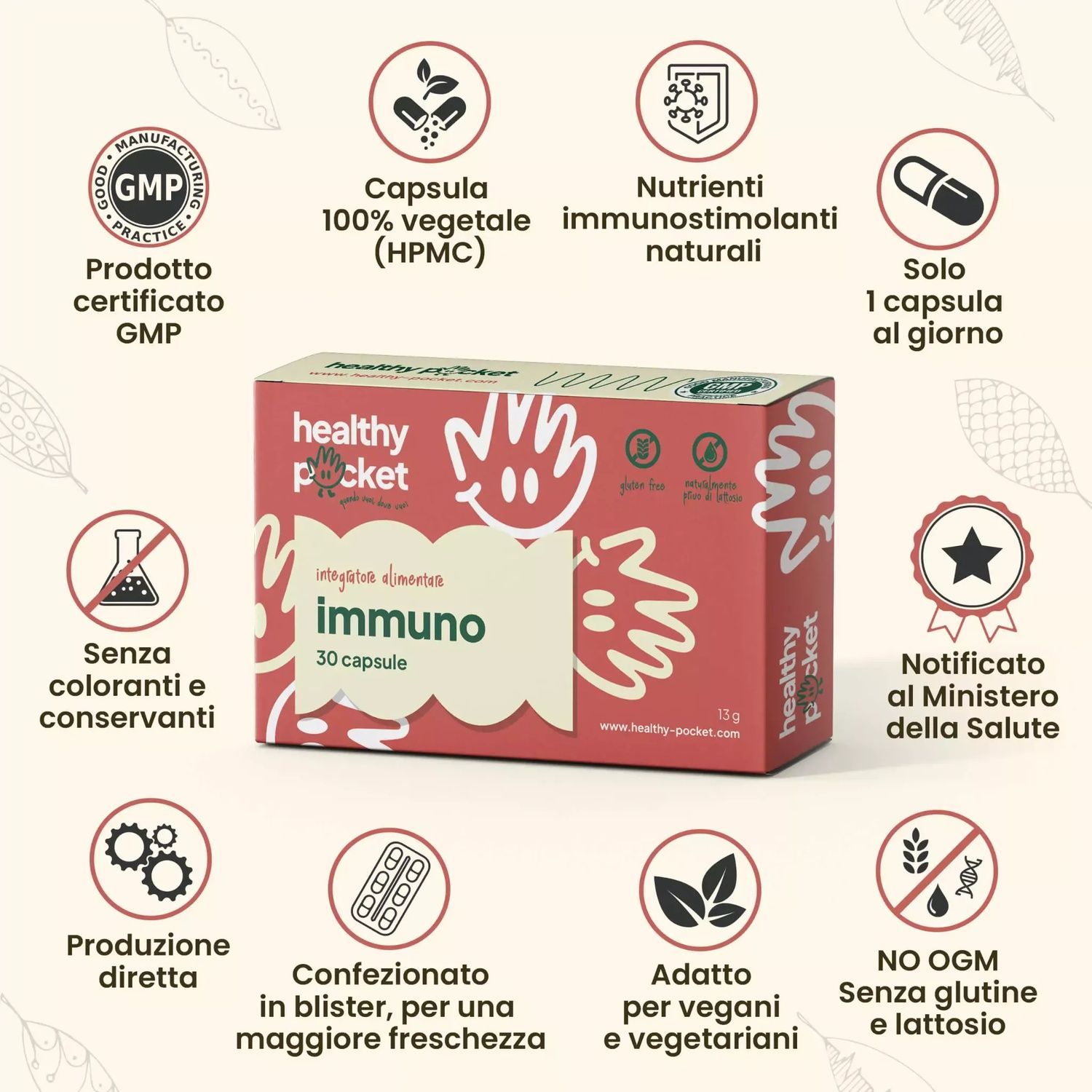 Verpackung Immuno mit GMP-Siegel, pflanzlichen Kapseln, natürlichen Immunstimulanzien.