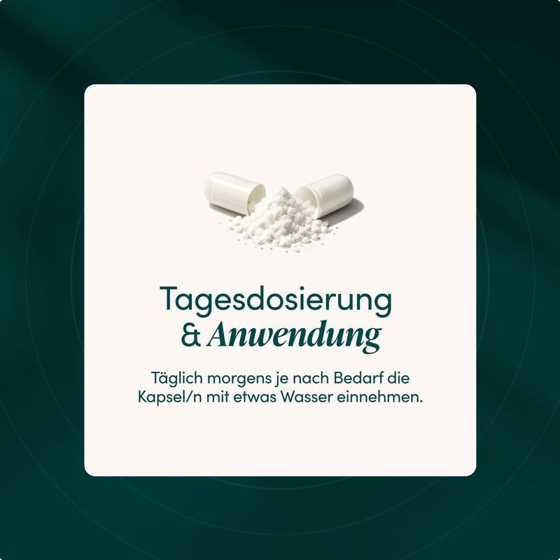 Geöffnete Kapsel mit weißem Pulver. Tagesdosierung & Anwendungshinweise.