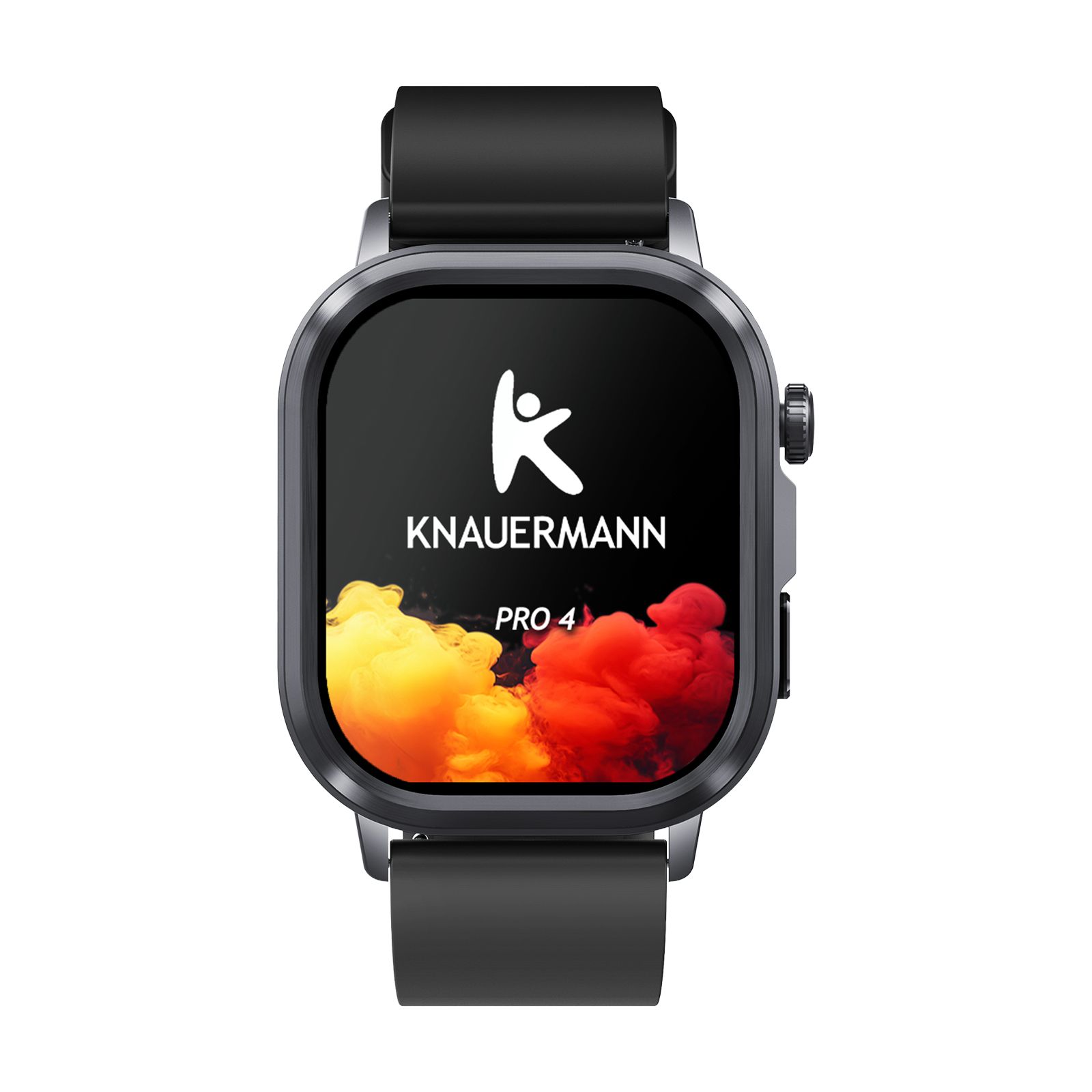 Smartwatch mit schwarzem Armband. Display mit Logo und PRO 4 Schriftzug. Gehäuse aus Metall.