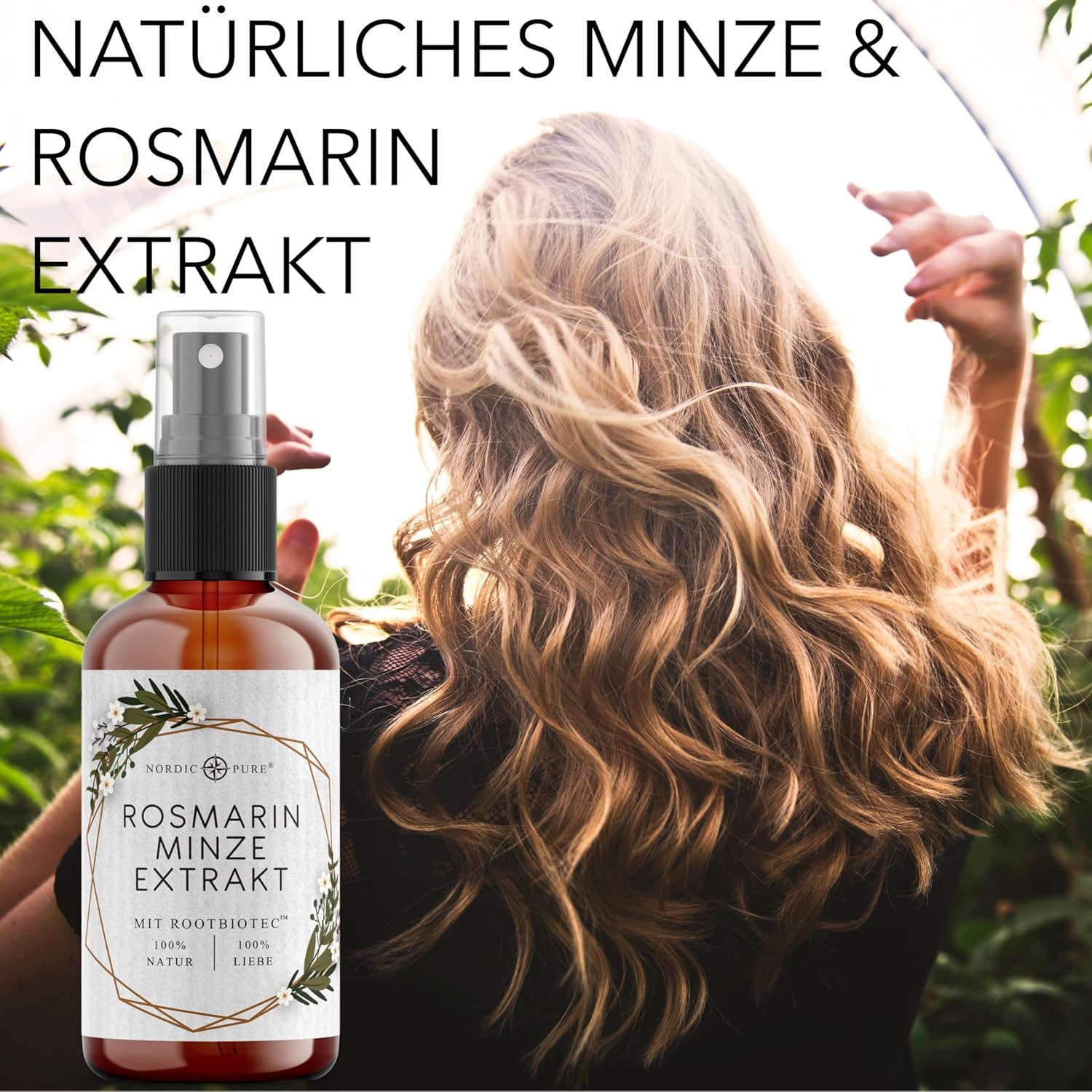 Produktflasche vor Hintergrund mit Frau und Haaren. Text: Natürliches Minze & Rosmarin Extrakt. Logo Nordic Pure.