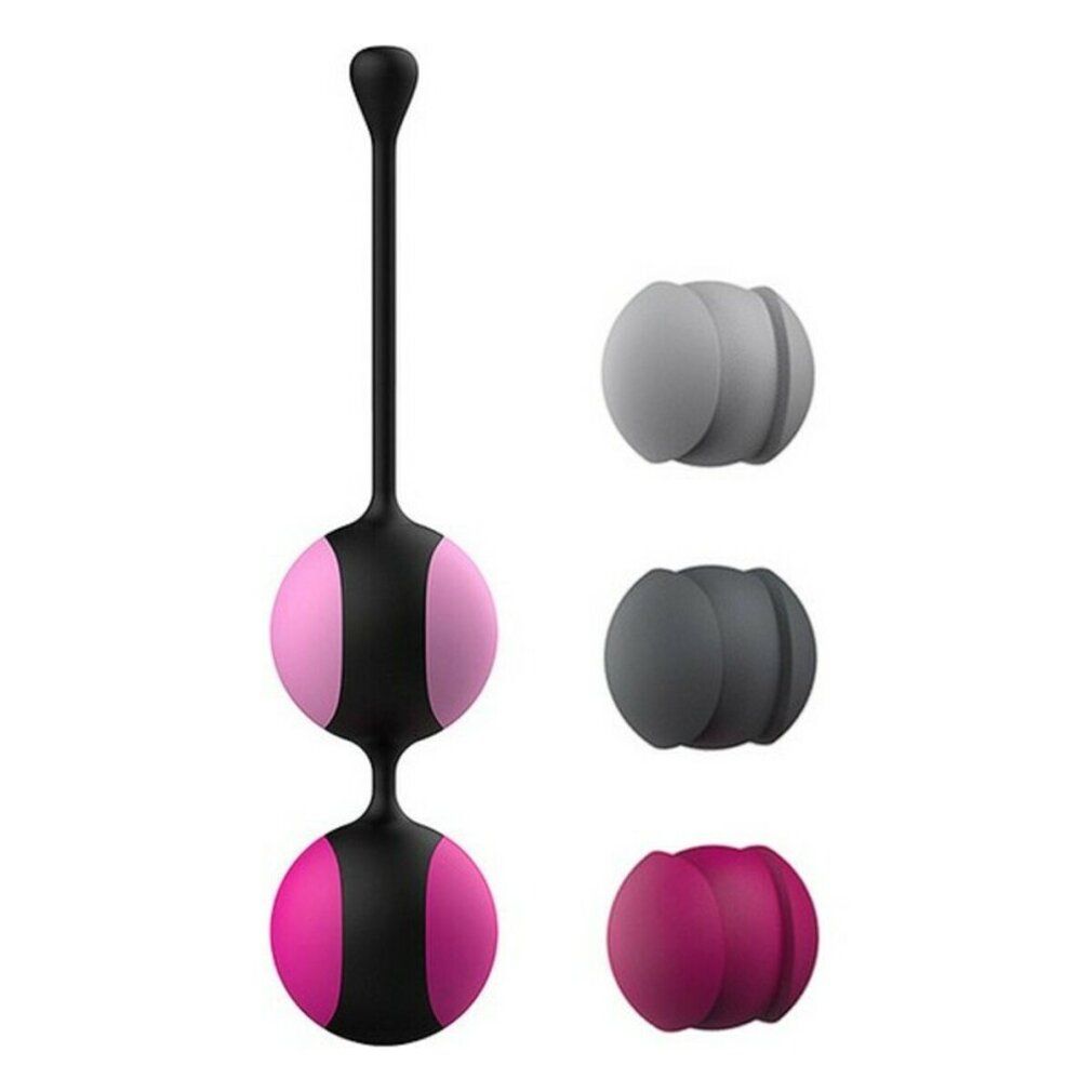 Kegel Workout System mit zwei rosa Kugeln und drei weiteren Kugeln. Schwarzer Griff. Kugeln in Grau und Rosa.