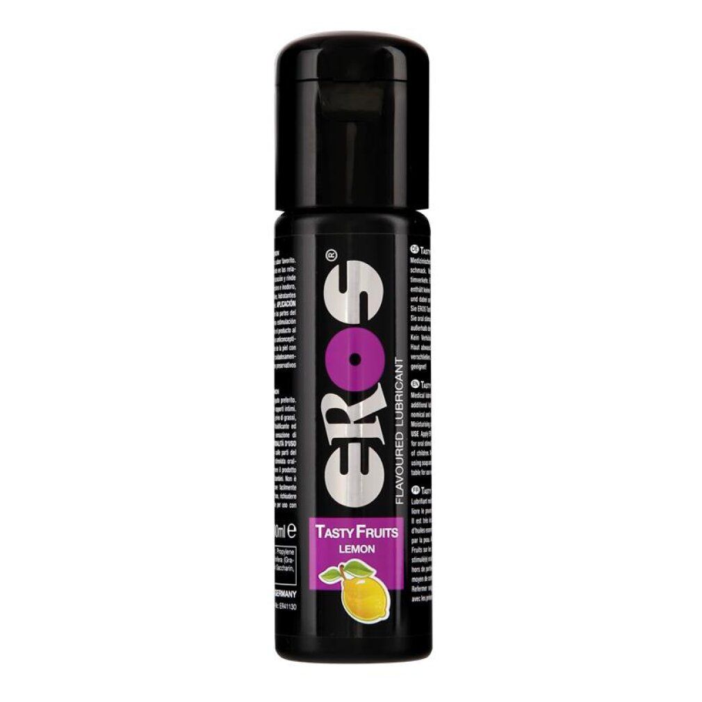 Eros Tasty Fruits Zitronen Gleitgel in schwarzer Flasche. Lila Akzent im Logo. Zitronen-Illustration unten.