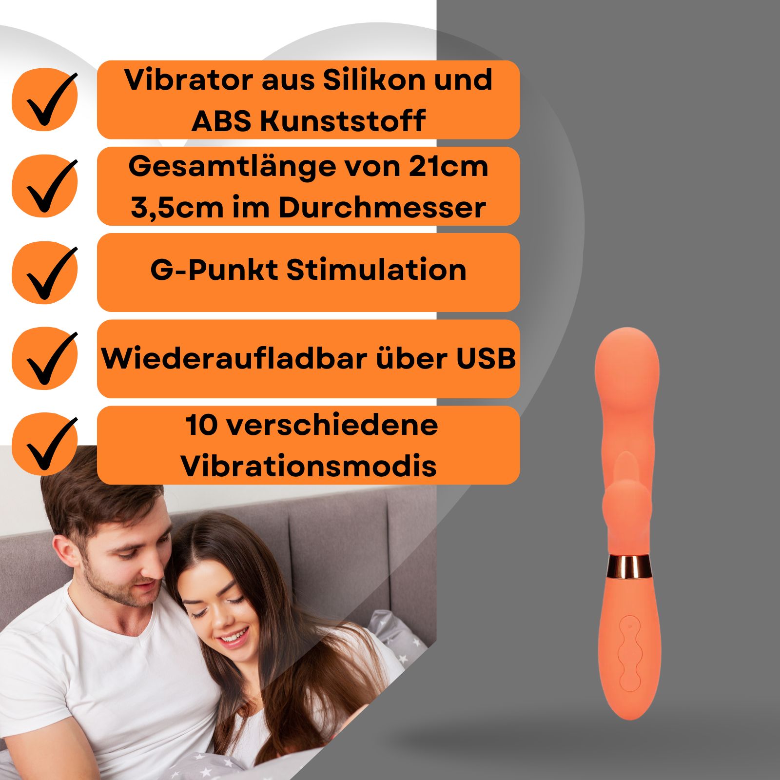 Orangefarbener Vibrator neben Paar. Text: Silikon und ABS, 21cm, G-Punkt, USB, 10 Modi.