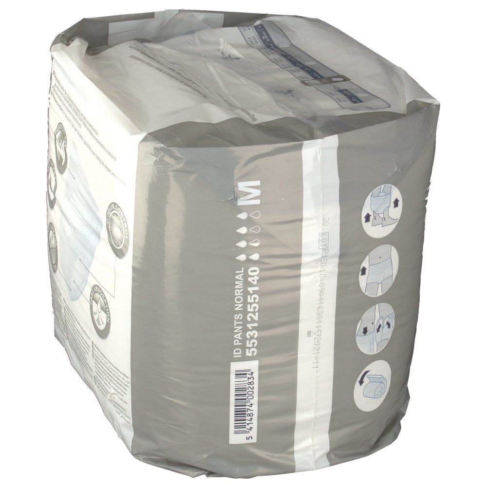 Verpackung iD Pants Normal Gr. M. Graue Verpackung mit Produktbezeichnung, Größe M und Tropfensymbolen. Enthält 14 Stück. Barcode.