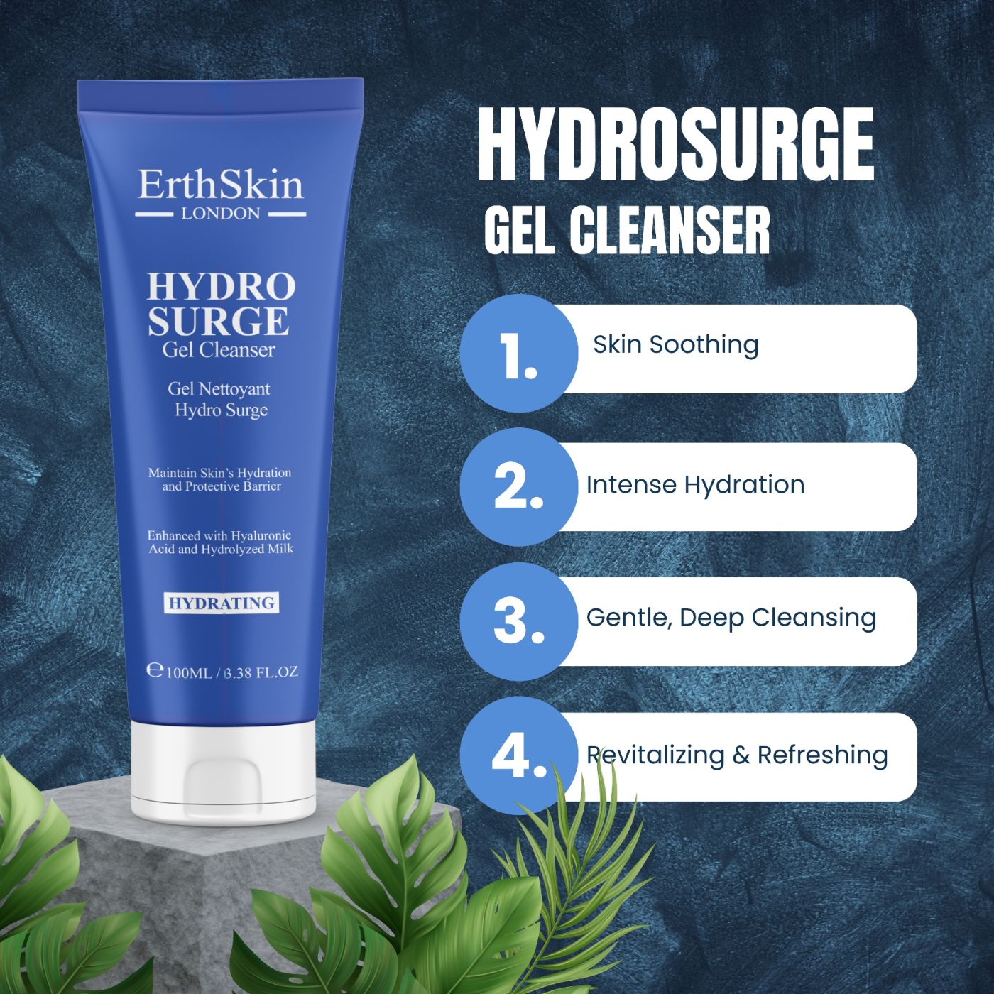 Blaue Tube HYDROSURGE Gel Cleanser. Text: ErthSkin London, HYDROSURGE Gel Cleanser. 4 Vorteile: Hautberuhigung, intensive Hydratation, sanfte Reinigung, erfrischend.