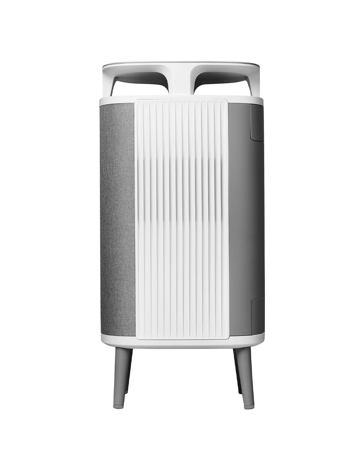 Luftreiniger mit grauem Stoffbezug, weißem Rahmen und Beinen. Weiße Lamellen in der Mitte.