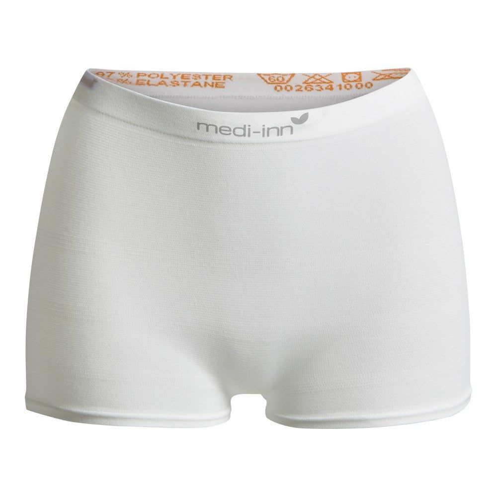 Weiße Fixierhose mit medi-inn Logo. Unisex-Passform. Material: Polyester und Elasthan. Wiederverwendbar.