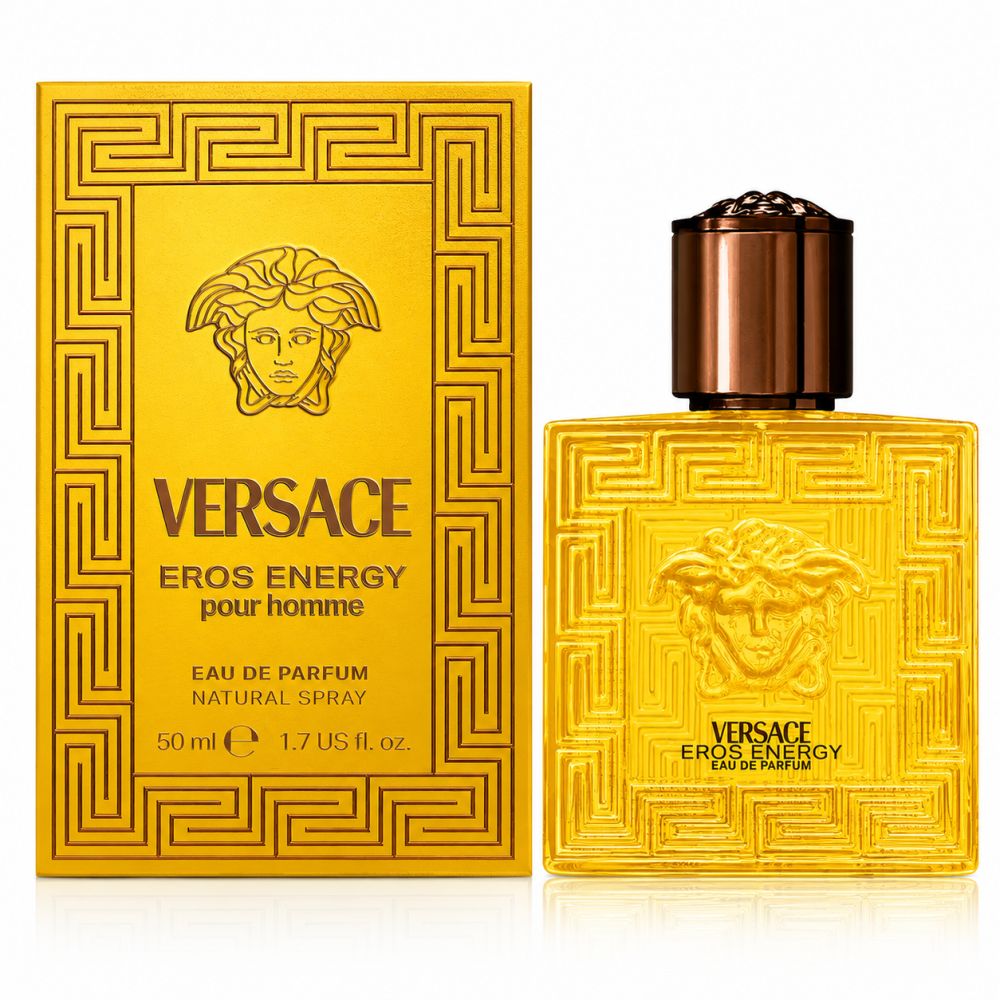 Versace Eros Energy Eau de Parfum Flakon und Verpackung, goldfarben mit Medusa-Motiv.